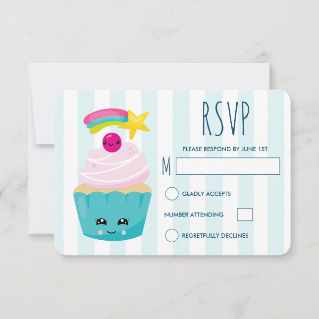 Niedlicher Blauer Cupcake mit Kawaii Face Geburtst RSVP Karte (Vorderseite)