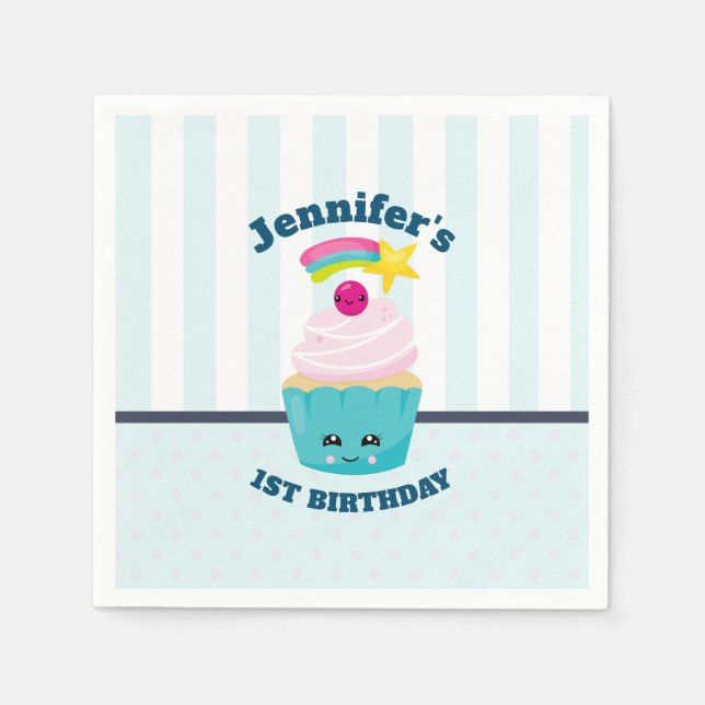 Niedlicher Blauer Cupcake mit Kawaii Face Geburtst Serviette (Vorderseite)
