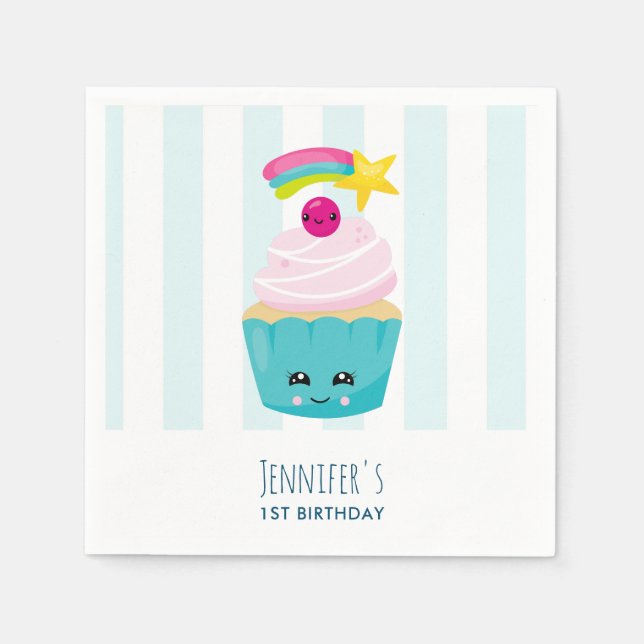 Niedlicher Blauer Cupcake mit Kawaii Face Geburtst Serviette (Vorderseite)