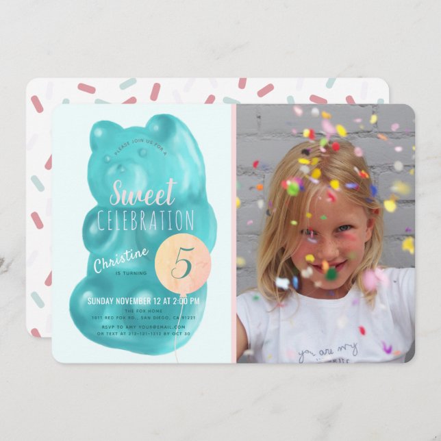 Niedlicher blauer Gummibär Sweet Candy Foto Geburt Einladung (Vorne/Hinten)