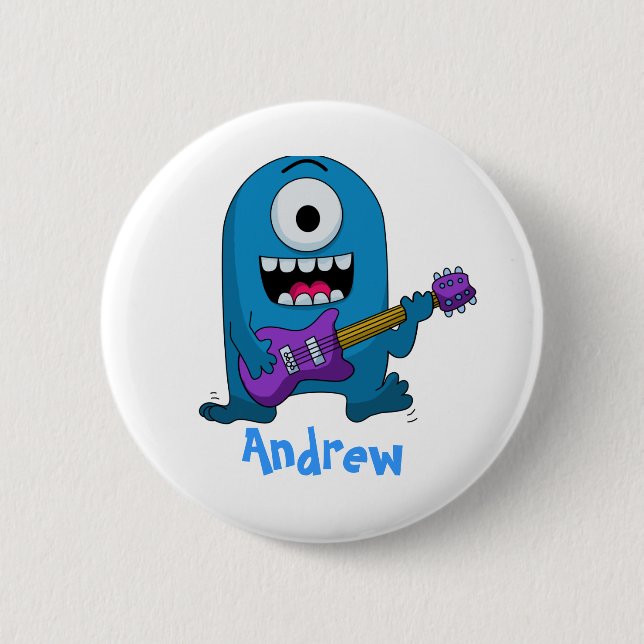 Niedlicher blauer Monster-Gitarrist Button (Vorderseite)