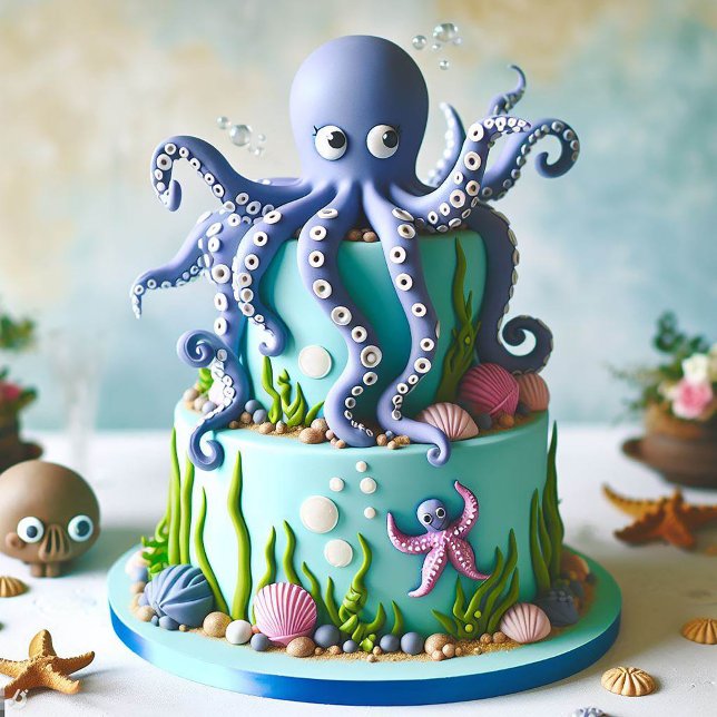 NIEDLICHER BLAUER OCTOPUS-THEMED-GEBURTSTAGSKAKE EINLADUNG (Von Creator hochgeladen)