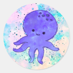 Niedlicher Blauer Oktopus Cartoon Wasserfarbe Runder Aufkleber