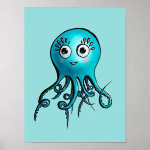 Niedlicher Blauer Oktopus - Kawaii Cartoon Sea Ani Poster
