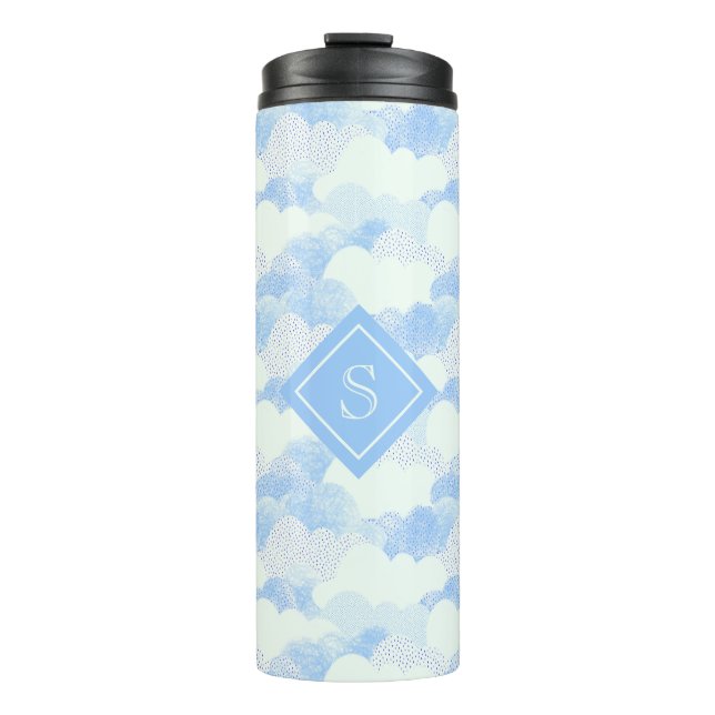 Niedlicher blauer Regen Wolken Monogram Name Therm Thermosbecher (Vorderseite)