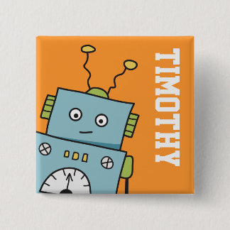 Niedlicher blauer Roboter mit personalisiertem Button