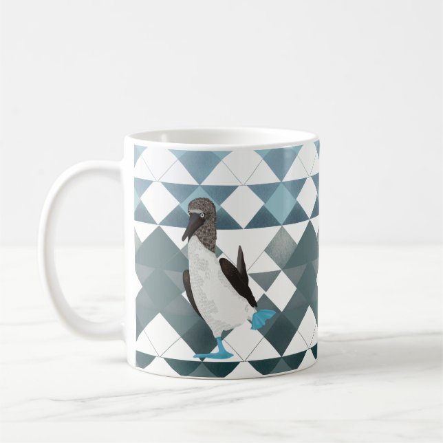 Niedlicher blauer Stiefelvogel auf geometrischem M Kaffeetasse (Links)