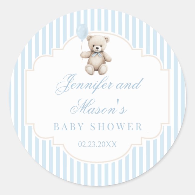 Niedlicher blauer Teddyballon Boho Babydusche Runder Aufkleber (Vorderseite)