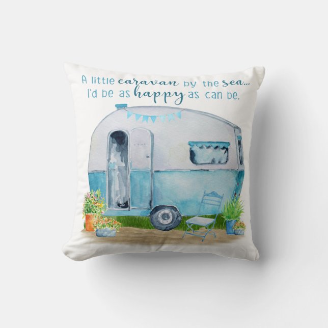 Niedlicher blauer Vintager Retro Camper-Wohnwagen Kissen (Vorderseite)