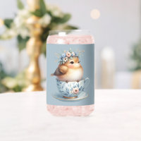 Niedlicher Blauer Vogel mit Blütenkrone im Teacup