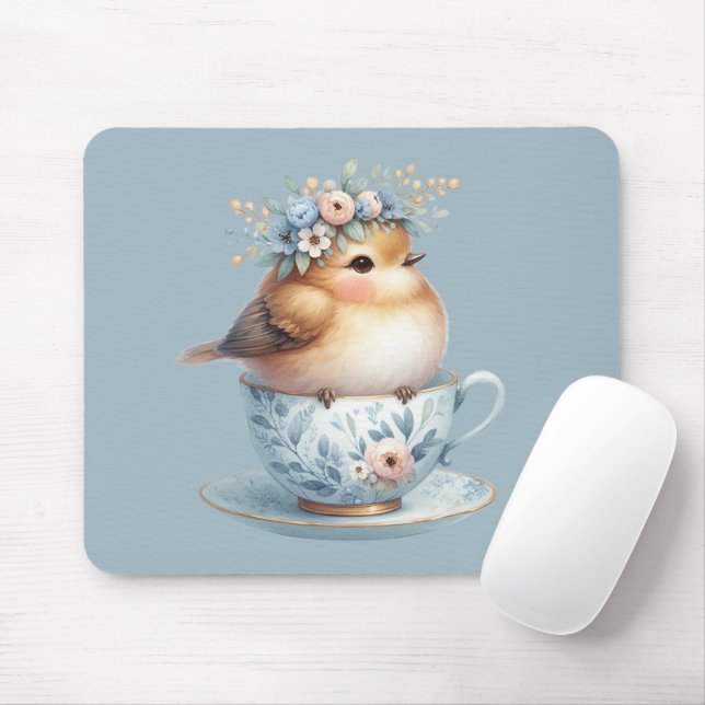Niedlicher Blauer Vogel mit Blütenkrone im Teacup Mousepad (Mit Mouse)