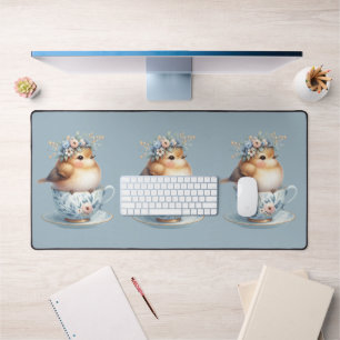 Niedlicher blauer Vogel mit floraler Krone in Teet Schreibtischunterlage