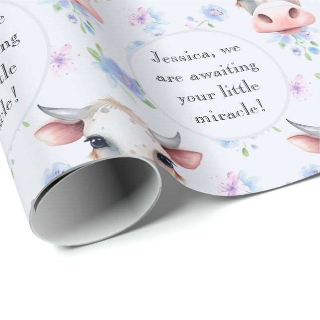 Niedlicher Blauer Wasserfarbenstil Kuhkuh Tiertext Geschenkpapier (Rolleneckpunkt)