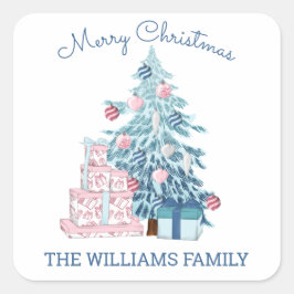 Niedlicher Blauer Weihnachtsbaum Frohe Weihnachten Quadratischer Aufkleber