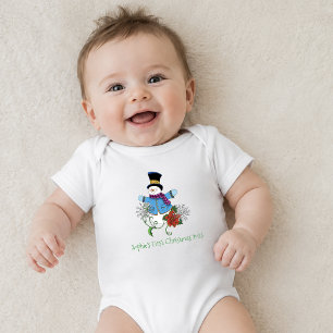 Niedlicher blauer Winter Schneemann Poinsettie Wei Baby Strampler