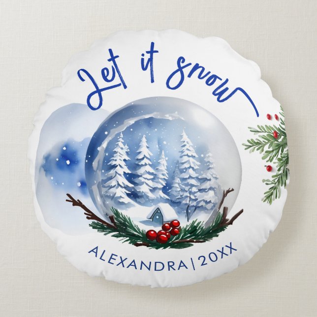 Niedlicher blauer Winterschneeglobe und Name Wasse Rundes Kissen (Vorderseite)