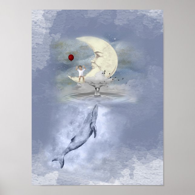 Niedlicher Blauwal und glückliches Kind auf Moon F Poster (Vorne)
