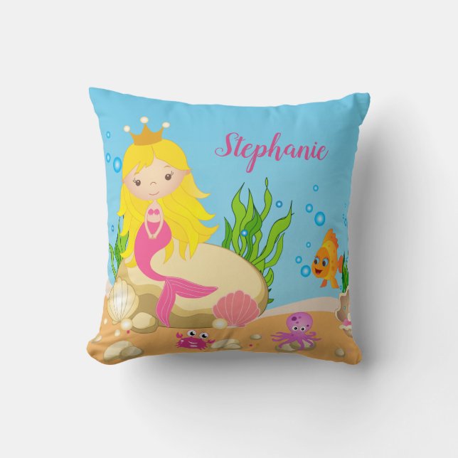 Niedlicher Blonde-Mermaid-Individuelle Name Kissen (Vorderseite)