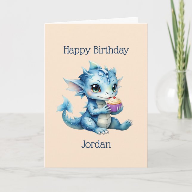 Niedlicher Blue Baby Dragon isst einen Cupcake Karte (Vorderseite)