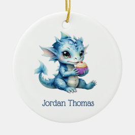 Niedlicher Blue Baby Dragon isst einen Cupcake Keramik Ornament