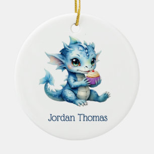 Niedlicher Blue Baby Dragon isst einen Cupcake Keramik Ornament