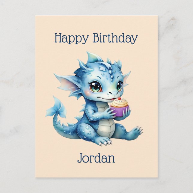 Niedlicher Blue Baby Dragon isst einen Cupcake Postkarte (Vorderseite)