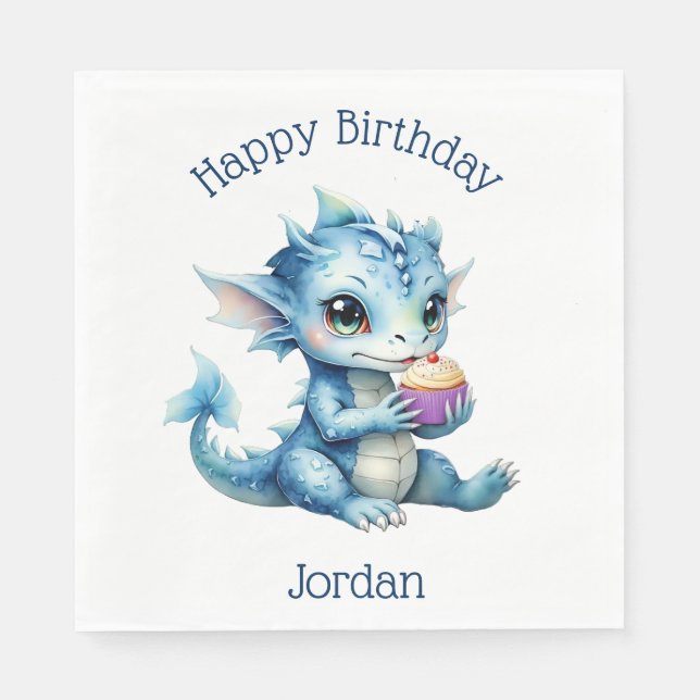 Niedlicher Blue Baby Dragon isst einen Cupcake Serviette (Vorderseite)