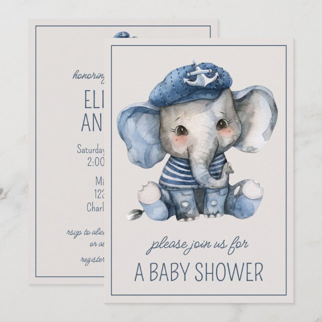Niedlicher Blue Baby Elephant Personalisiert Einladung (Vorne/Hinten)