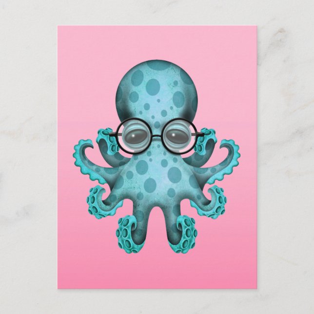 Niedlicher Blue Baby Octopus mit Brille auf Pink Postkarte (Vorderseite)