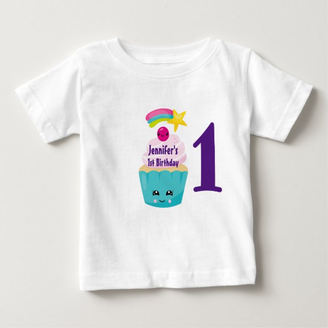 Niedlicher Blue Cupcake mit Kawaii Face 1. Geburts Baby T-shirt (Vorderseite)