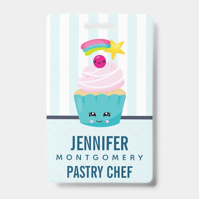 Niedlicher Blue Cupcake mit Kawaii Face Ausweis (Vorderseite)