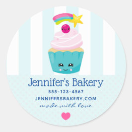 Niedlicher Blue Cupcake mit Kawaii Face Business Runder Aufkleber