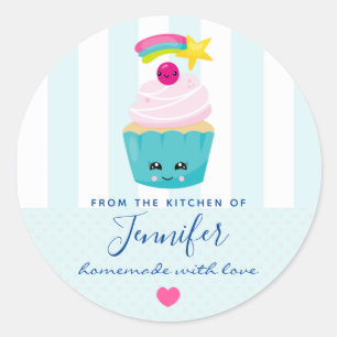 Niedlicher Blue Cupcake mit Kawaii Face Kitchen Runder Aufkleber