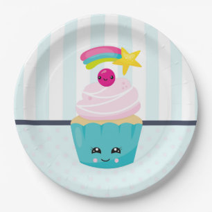 Niedlicher Blue Cupcake mit Kawaii Face Pappteller