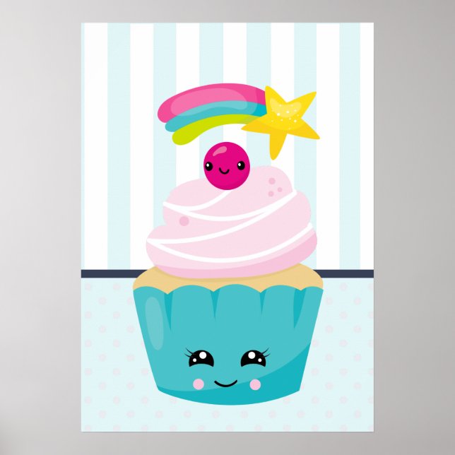 Niedlicher Blue Cupcake mit Kawaii Face Poster (Vorne)