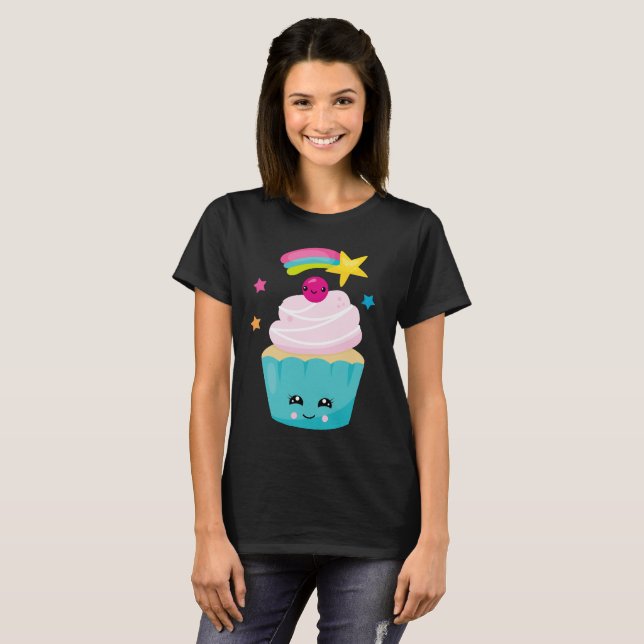 Niedlicher Blue Cupcake mit Kawaii Face T-Shirt (Vorne ganz)