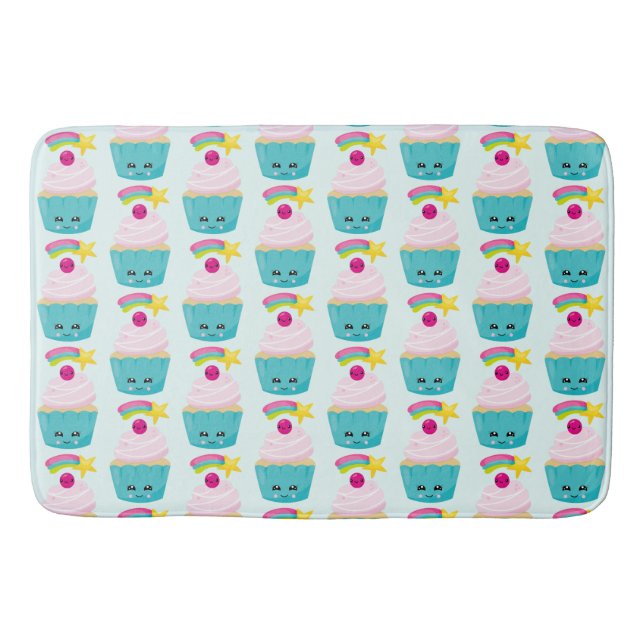 Niedlicher Blue Cupcake mit Kawaii Gesichtsmuster Badematte (Vorderseite)