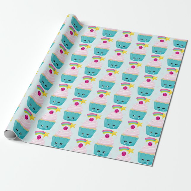 Niedlicher Blue Cupcake mit Kawaii Gesichtsmuster Geschenkpapier (Ungerollt)