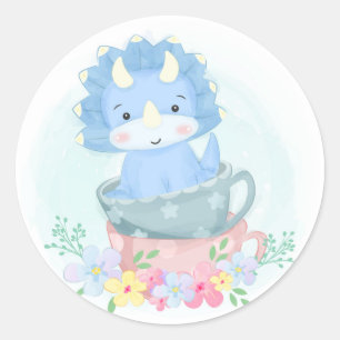 Niedlicher Blue Dinosaurier Inside Teacups Runder Aufkleber