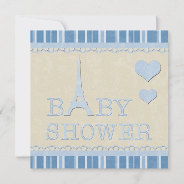 Niedlicher Blue Eiffel Tower und Hearts Baby Dusch Einladung (Vorderseite)