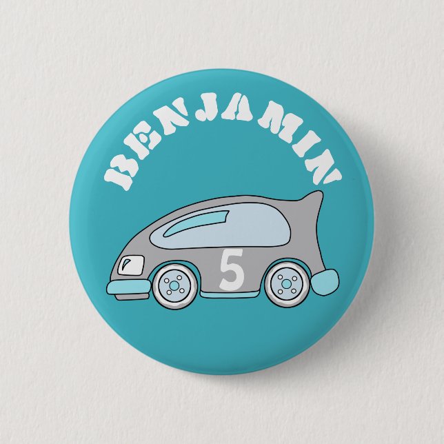 Niedlicher Blue Race Car Birthday Button mit Name (Vorderseite)