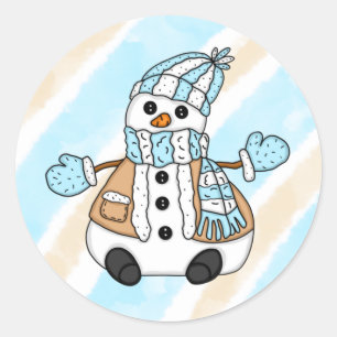 Niedlicher Blue Snowman mit Scarf Weihnachten Runder Aufkleber