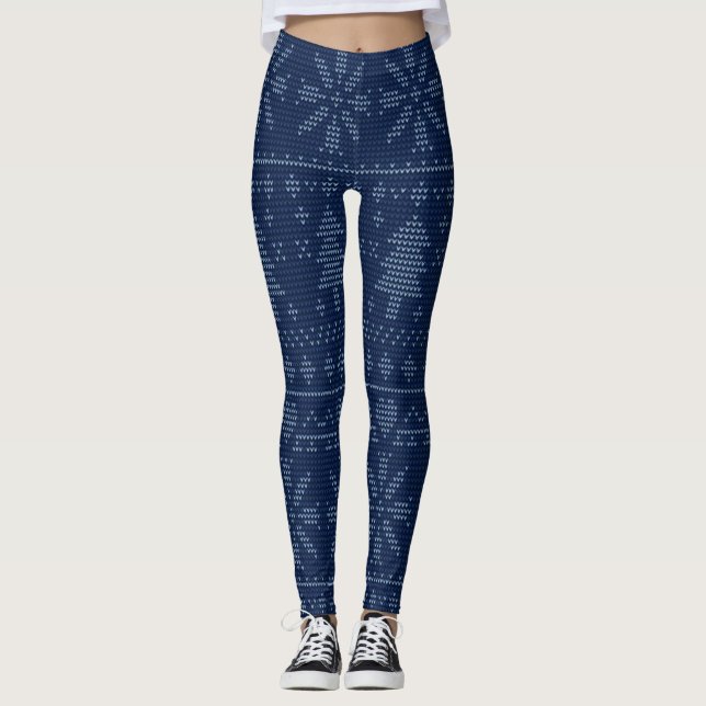 Niedlicher Blue Strick Weihnachtsbaum Muster Festl Leggings (Vorderseite)
