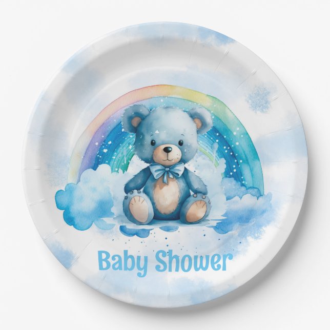 Niedlicher Blue Teddy Bär mit Rainbow Boy Baby Dus Pappteller (Vorderseite)