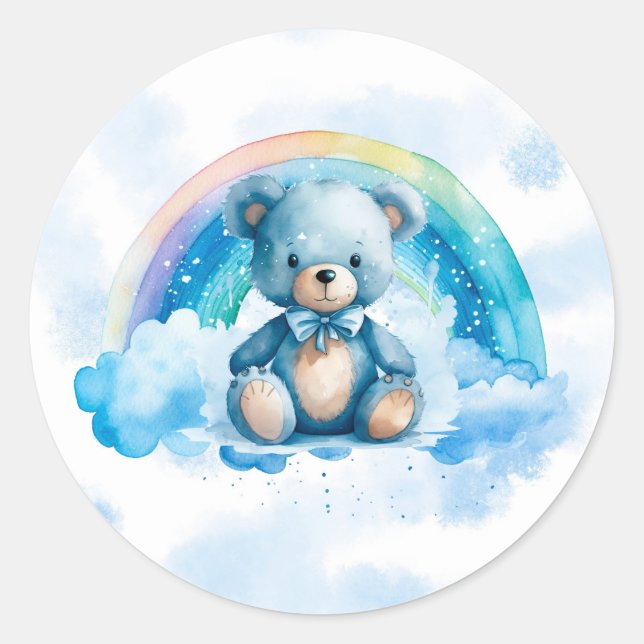 Niedlicher Blue Teddy Bär mit Rainbow Boy Baby Dus Runder Aufkleber (Vorderseite)