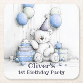 Niedlicher Blue Teddy Bear 1. Geburtstag Party Unt Rechteckiger Pappuntersetzer
