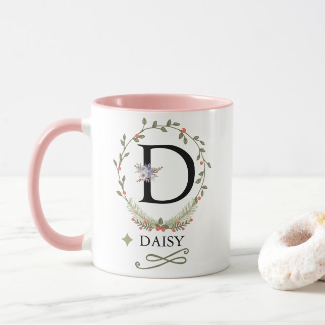 Niedlicher Blumenbrief D Monogramm Tasse (Mit Donut)