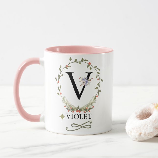 Niedlicher Blumenbrief V Monogramm-Tasse Tasse (Mit Donut)