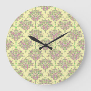 Niedlicher BlumenDamast in rosa grün und blassgelb Große Wanduhr
