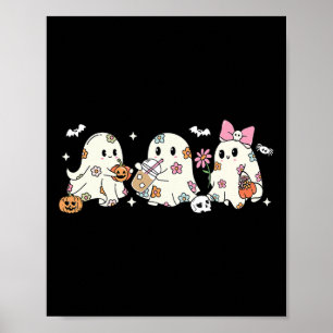 Niedlicher Blumengast Trinkkaffee Halloween-Geist Poster